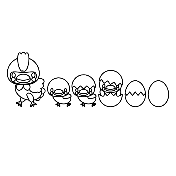 可愛い卵、ひよこ、鶏(白黒・塗り絵)