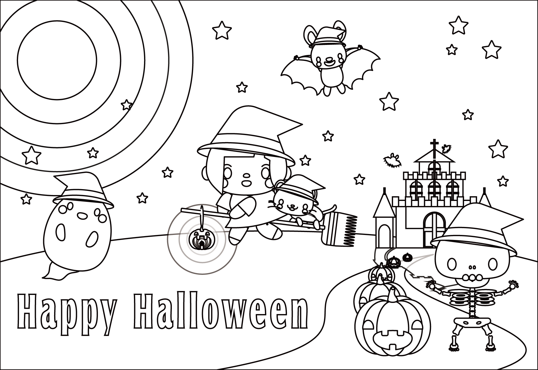 塗り絵に最適な白黒でかわいいハッピーハロウィン・メッセージカードの無料イラスト・商用フリー