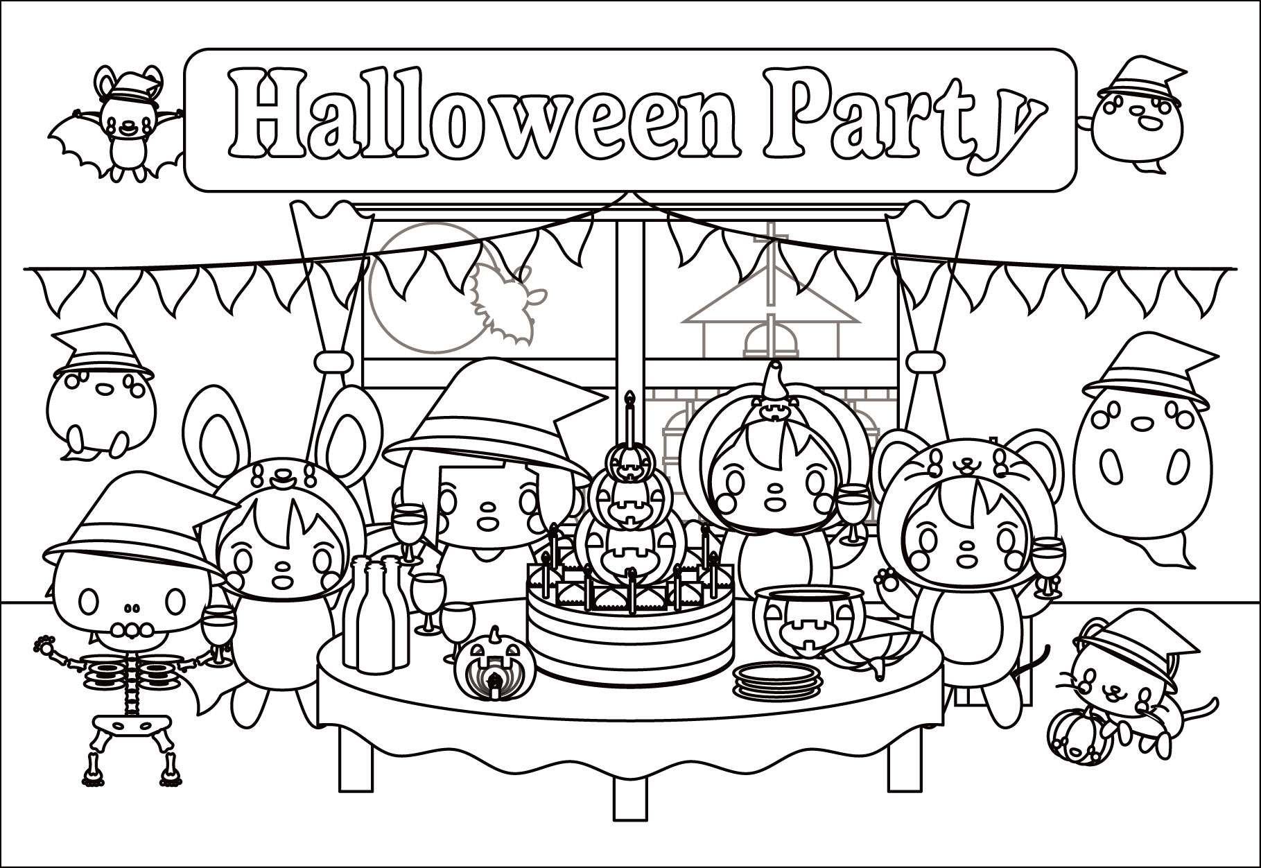 塗り絵に最適な白黒でかわいいハロウィンパーティー メッセージカード2の無料イラスト 商用フリー オイデ43