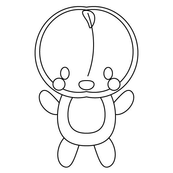 キャラクター風で笑顔のかわいい桃(全身)のシロクロ無料イラスト・商用フリー