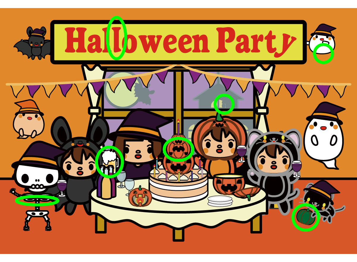 かわいいハロウィンパーティー間違い探しの無料イラスト 商用フリー オイデ43